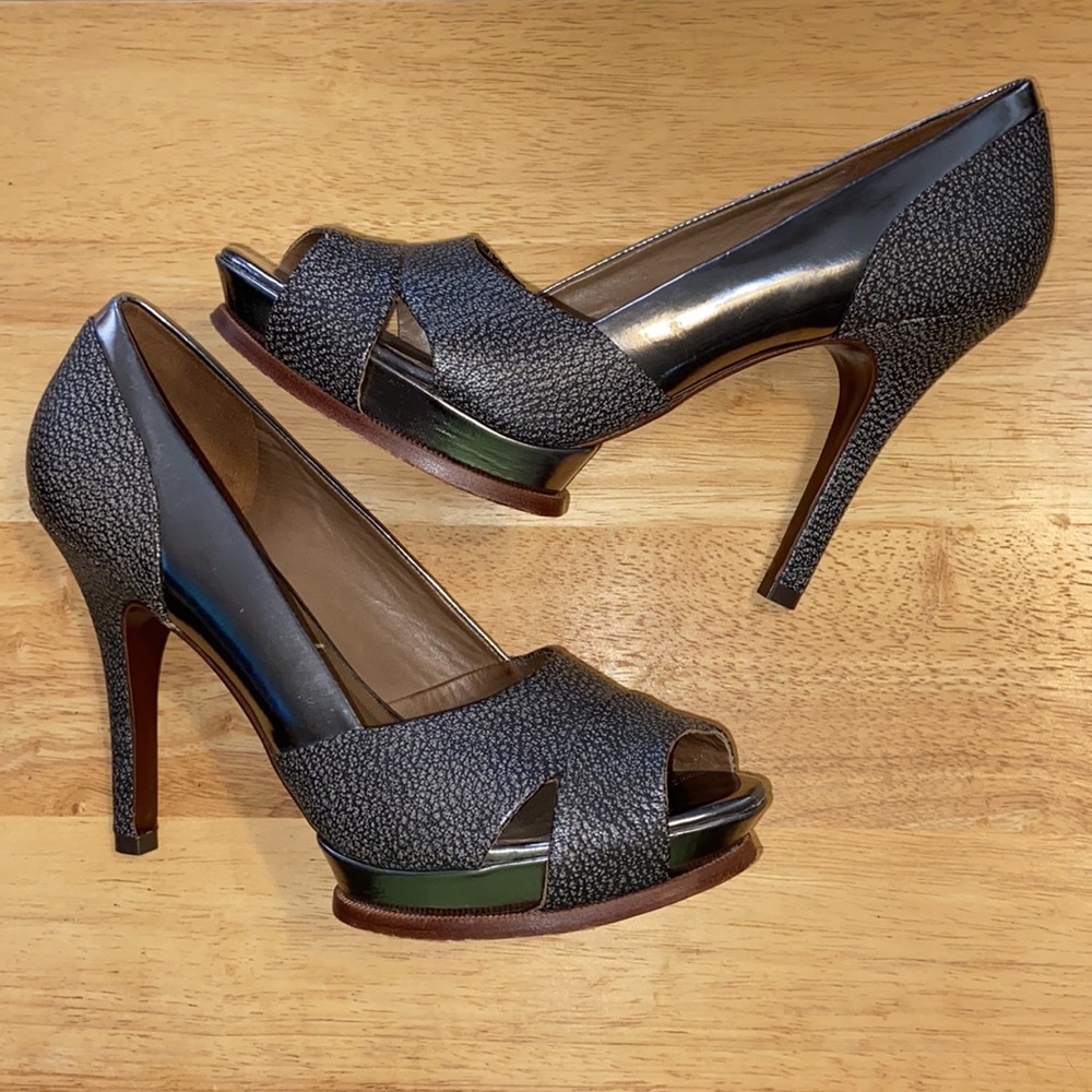 BCBGMaxAzria Double Stack Platform Stiletto Snake Print with Silver Accents